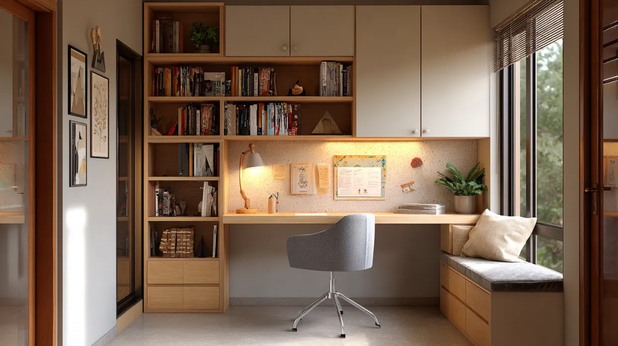 compact study room design for small house with corner desk