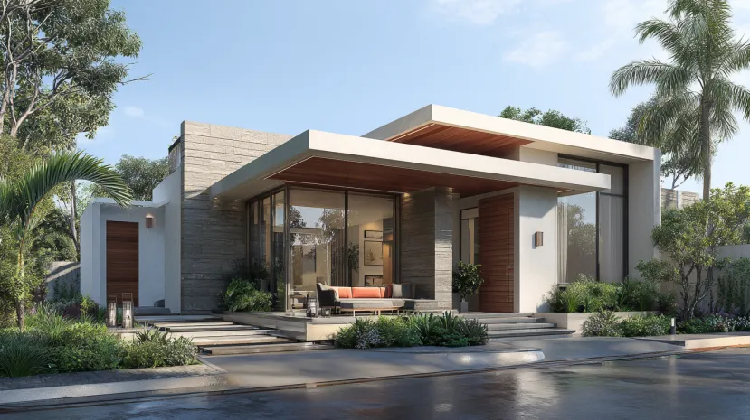 Modern single-story luxury home with a flat roof and stone textures