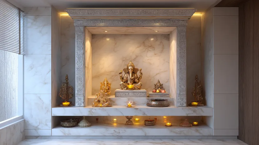 compact marble pooja mandir designs for small home spaces