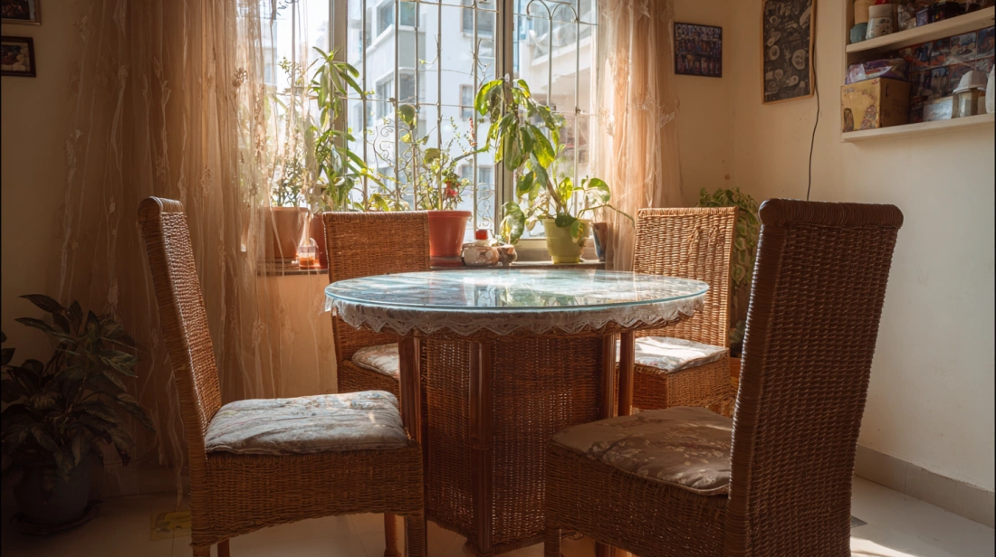 Small round dining table in apartment corner