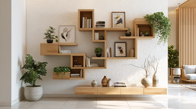 Compact wall shelf showcase design