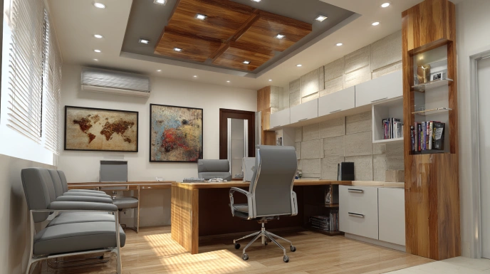 Compact office with POP ceiling design