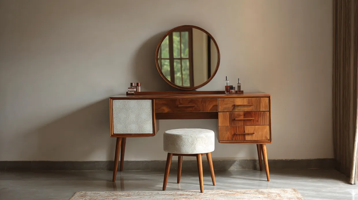 compartmentalized wooden dressing table with multiple storage sections, ideal for organized modern bedrooms