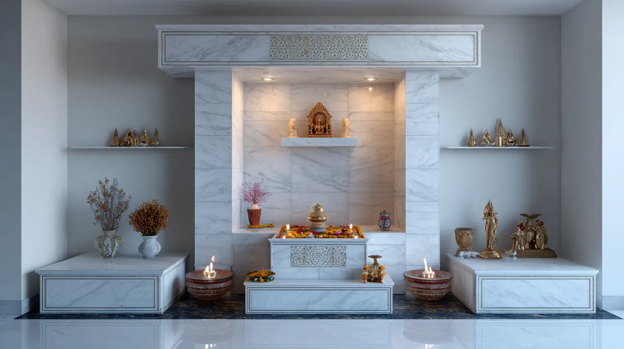 elegant complete marble puja unit with brass idols and warm led lighting