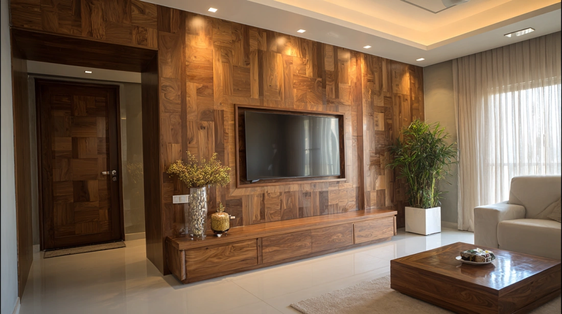 Hidden flush door blended seamlessly into TV wall panel