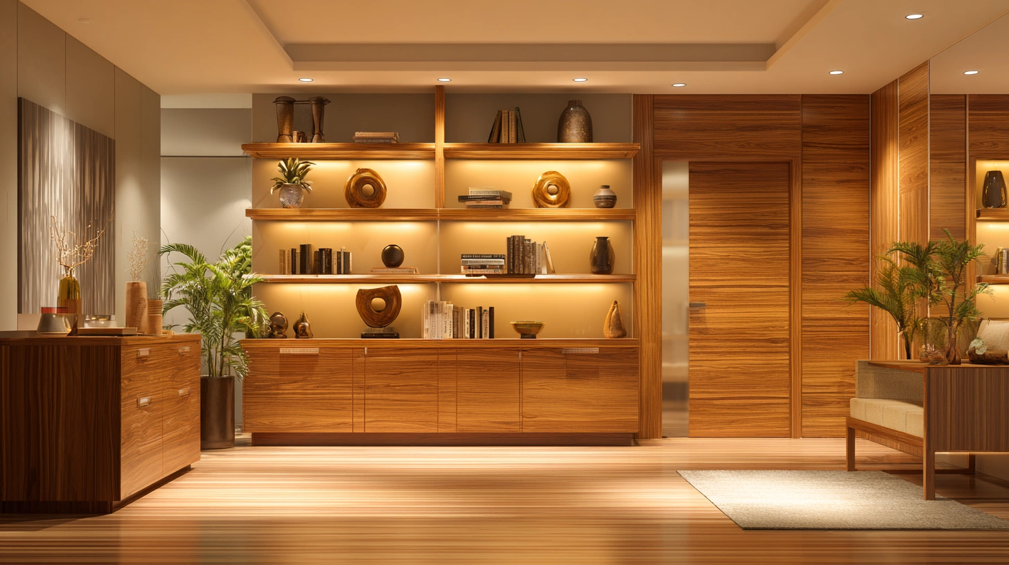 A finished modern room featuring engineered wood elements