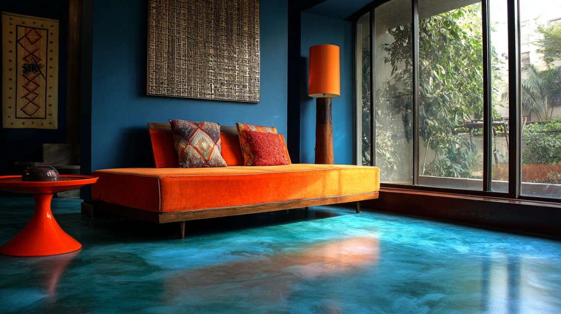 Vibrant teal dyed concrete floor in contemporary lounge