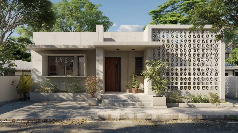 Low cost normal house front elevation with concrete jali