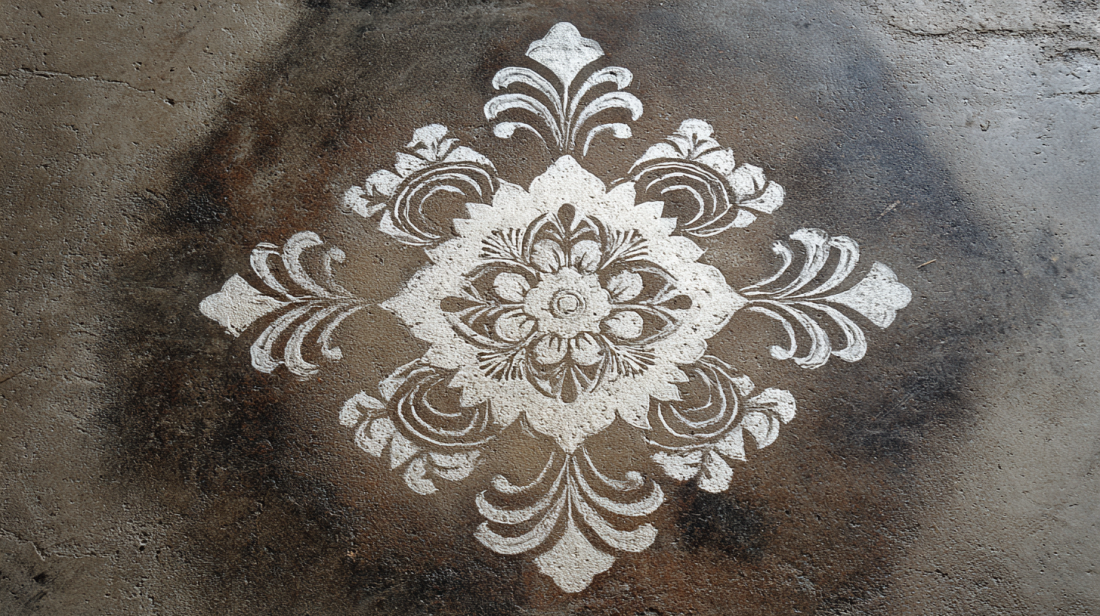 White floral mandala stencil on dark concrete floor