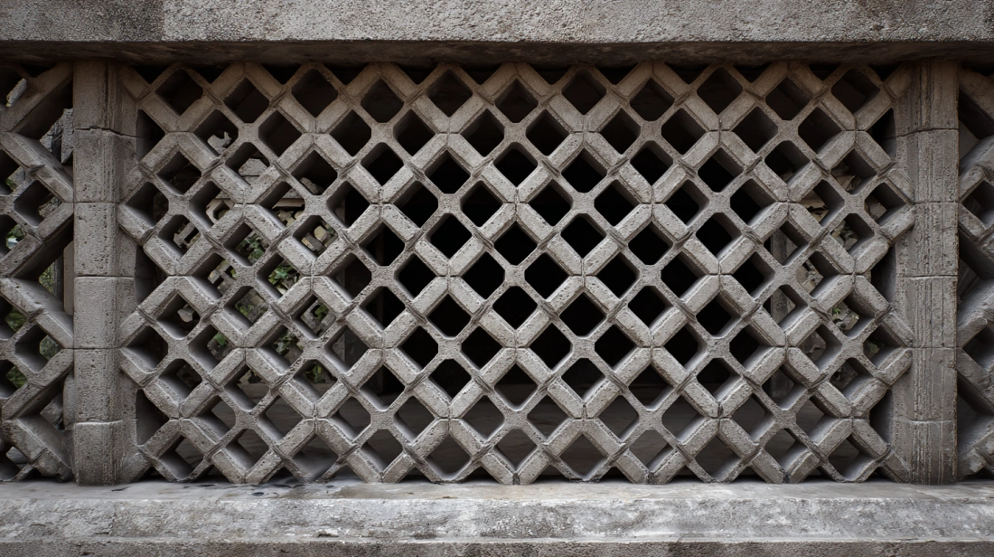 Solid white concrete balcony railing with decorative geometric cutouts