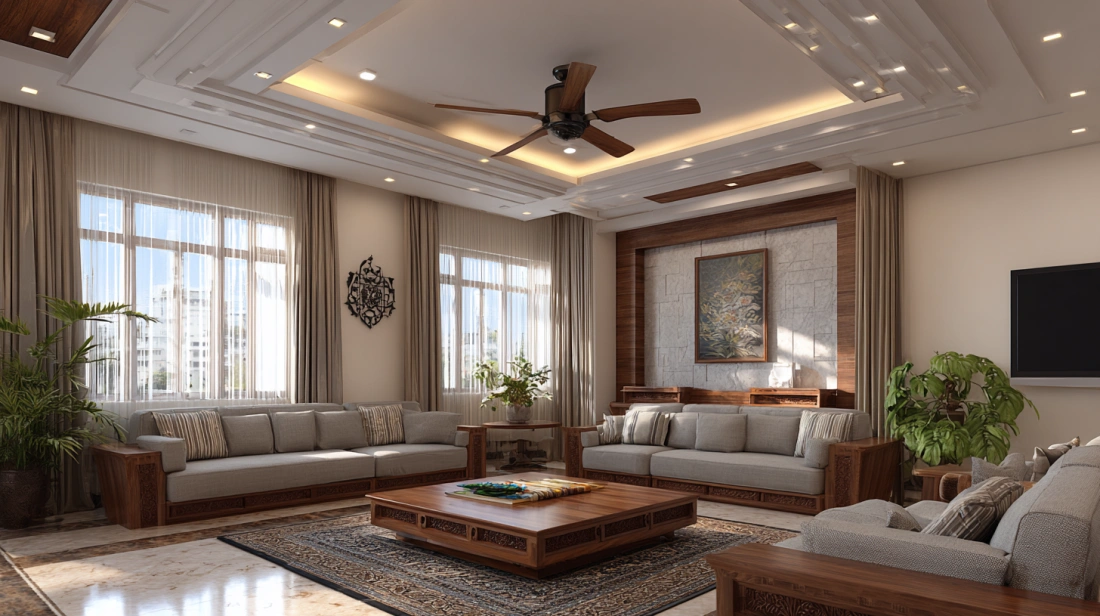 Tall drawing room with a dramatic conical POP feature