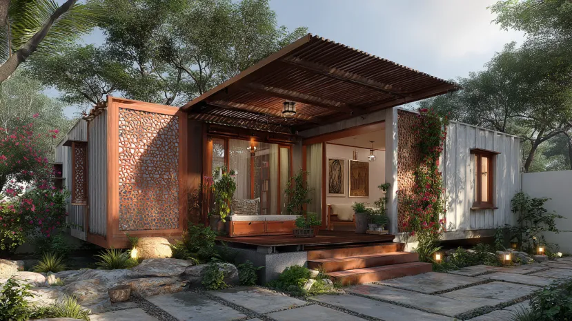 Industrial style container house design with decorative panels