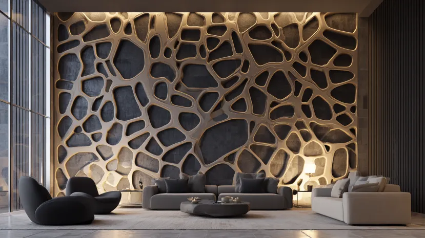 Large abstract cellular-pattern CNC feature wall in a modern room