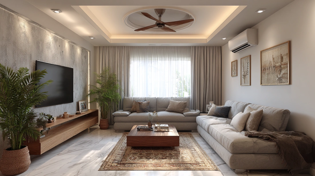 Drop gypsum ceiling with circular fan cutout accent