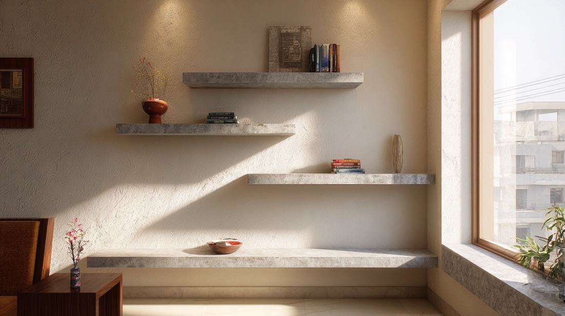 Straight cement wall shelves in compact living room