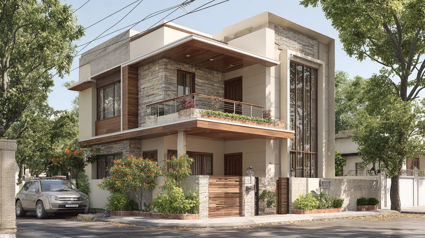 Stone cladding duplex with metal balcony in colony