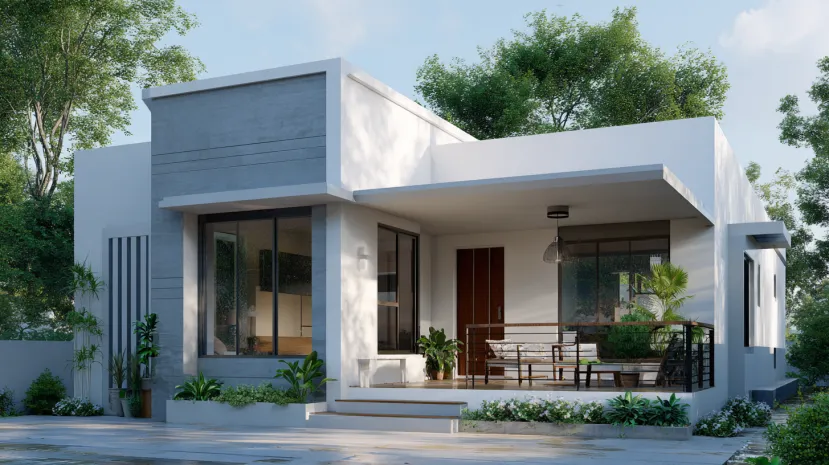 Contemporary cube village single-floor home front design