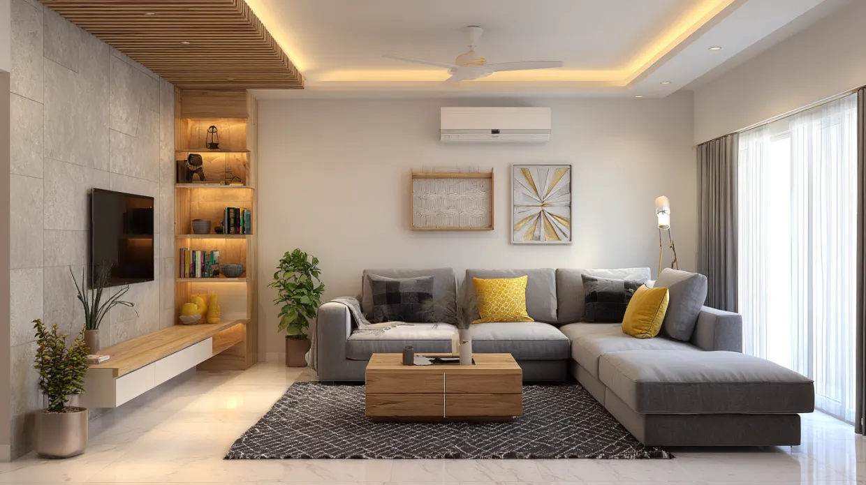 modern living room with grey sectional sofa, yellow accent pillows, and warm wooden elements