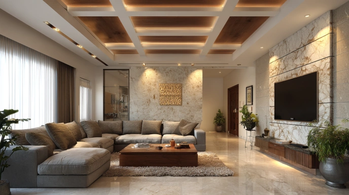 Living room with false ceiling and cove lighting