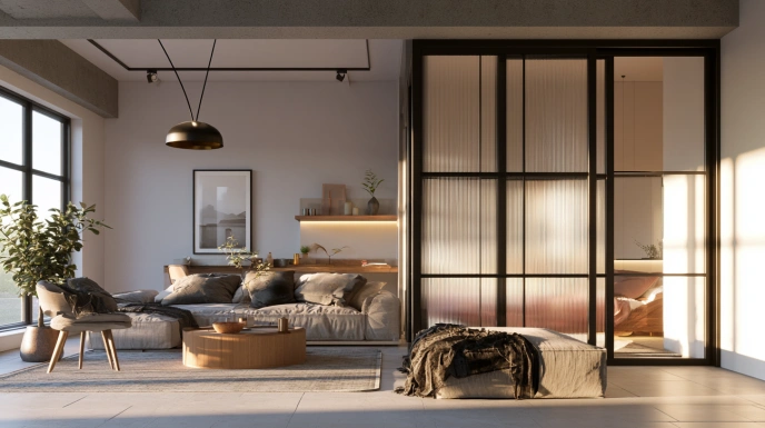 Frosted glass bedroom door with slim frame
