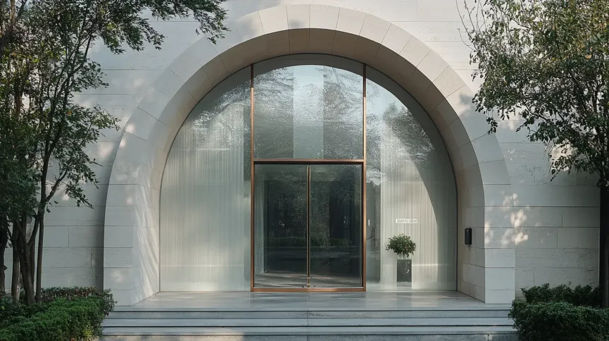 Large stone archway with floor-to-ceiling glass and metal doors