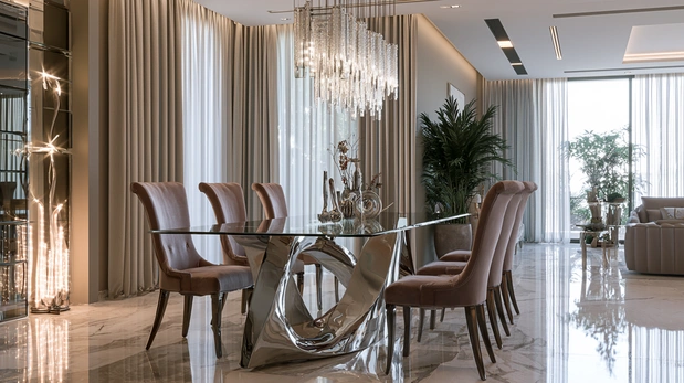 Luxury glass-top dining table with modern chandelier in an elegant dining room.