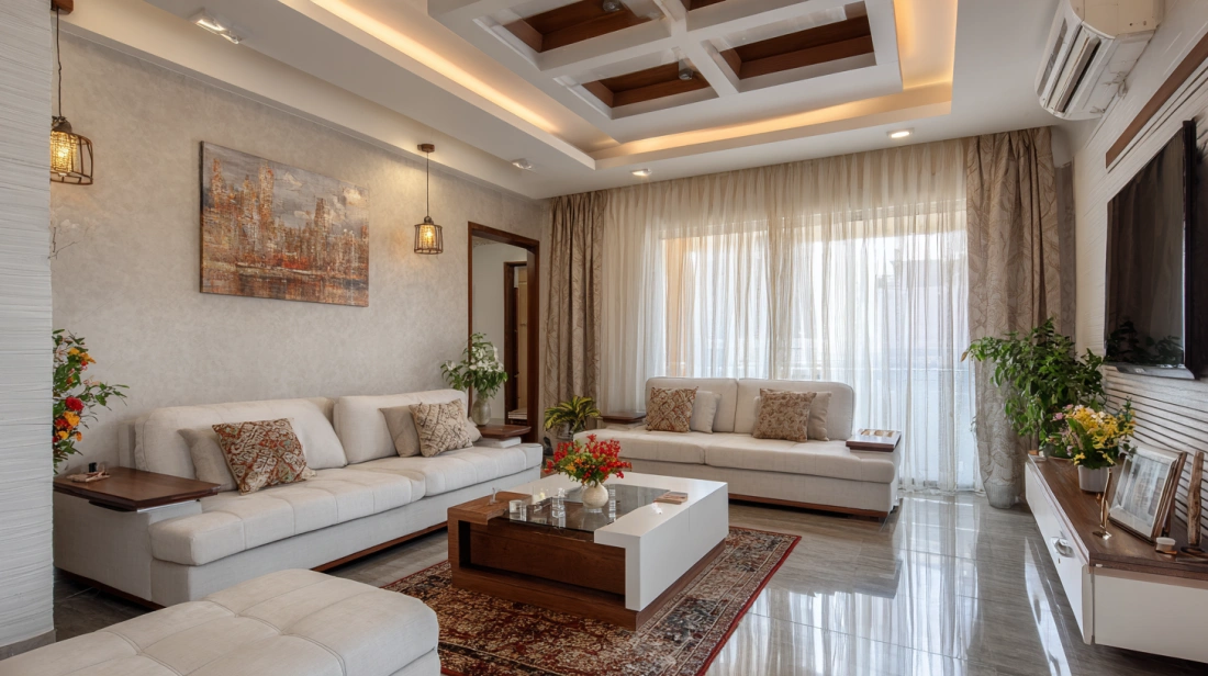 Inverted wooden tray ceiling framing central fan unit