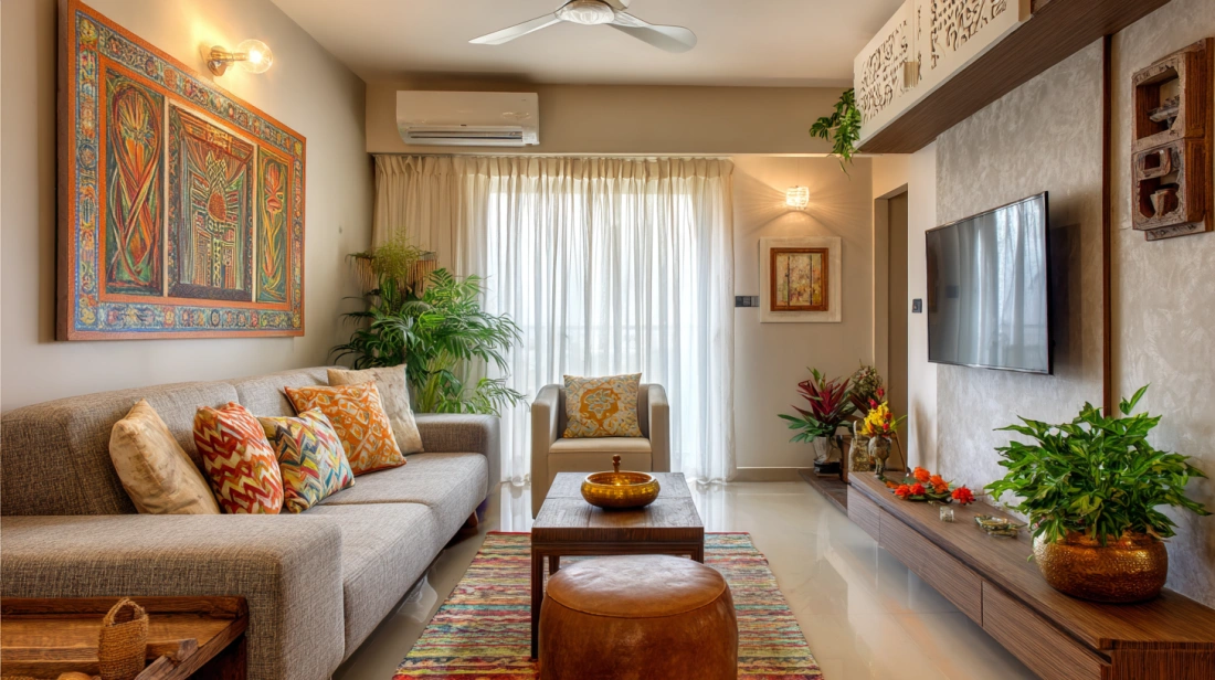 Elegant contemporary Indian living room with textured walls