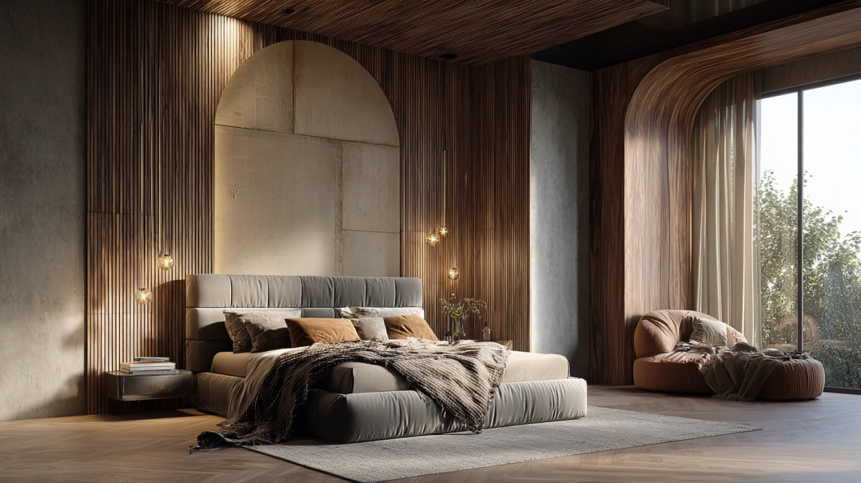Relaxed bedroom with wood, fabric, and metal finishes