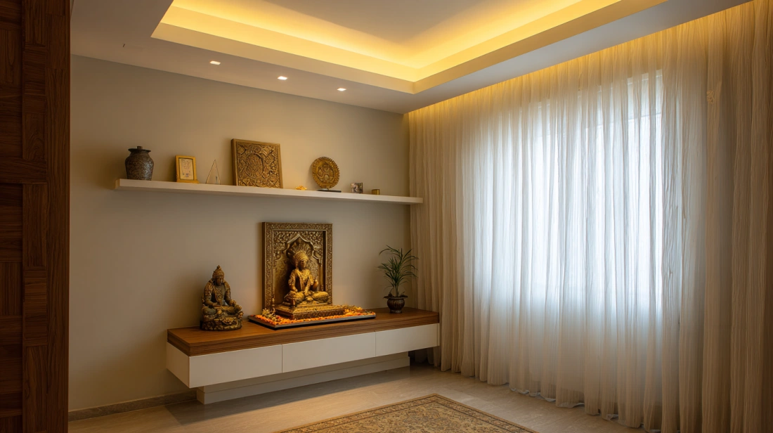 Simple, clean-lined white ceiling for a small pooja corner