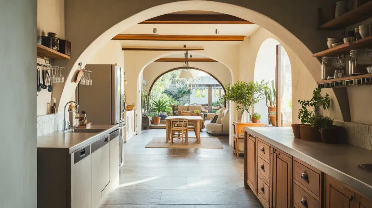 Stone arch frames glass entry door