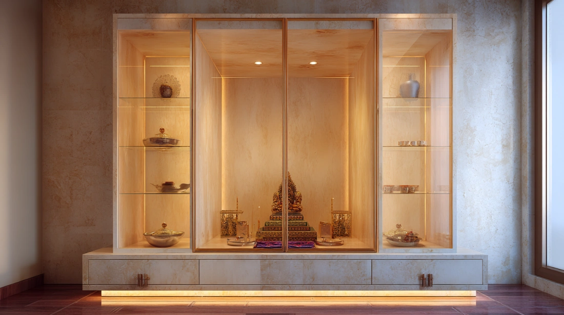 Plywood mandir with glass doors and shelves