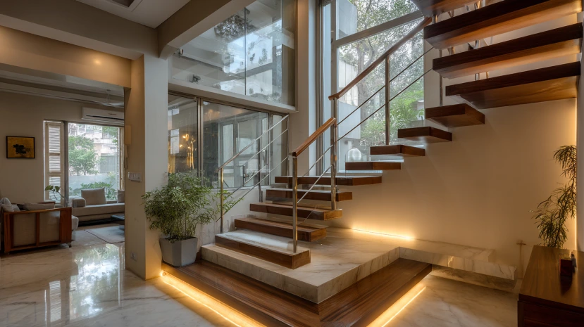 stainless steel finish featured in contemporary stair railing design