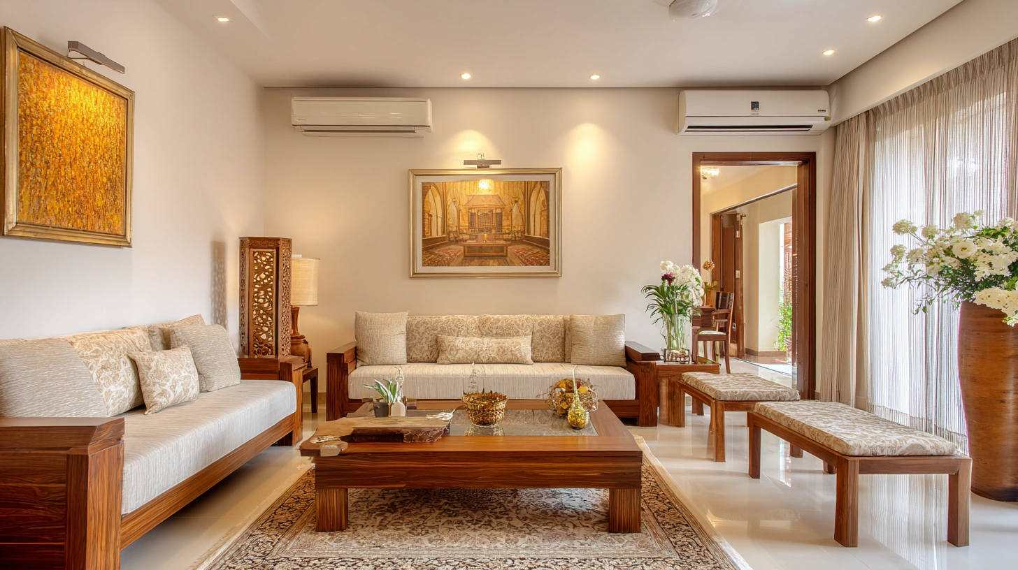 Contemporary traditional Indian living room with carved furniture