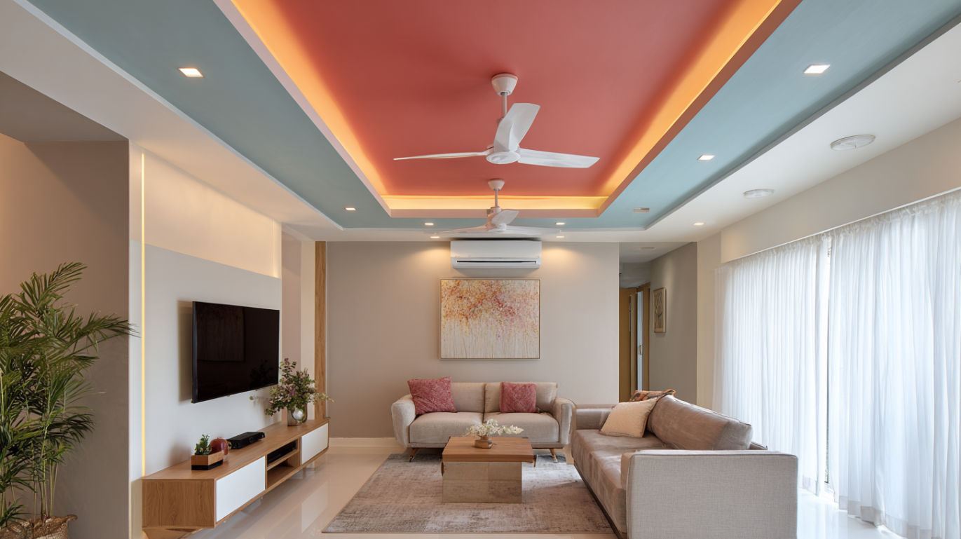 Stylish living space showcasing a colored plaster roof