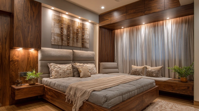 Storage bed with cushioned headboard design