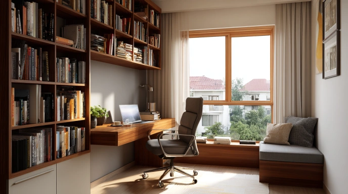 Modern study room with desk and shelving