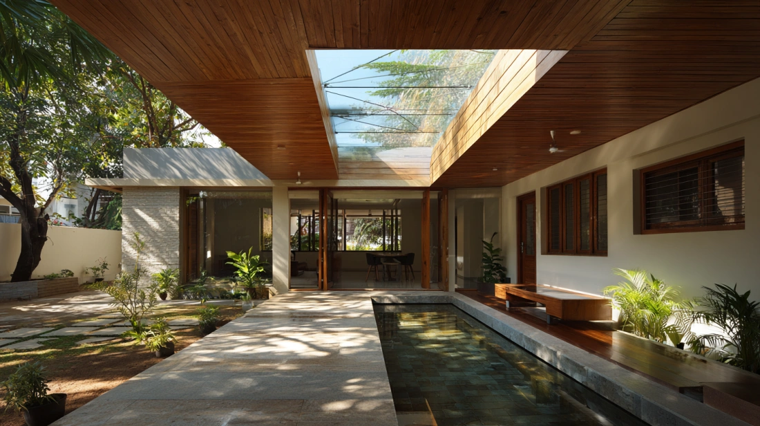 Long continuous glass skylight over a luxury outdoor pool