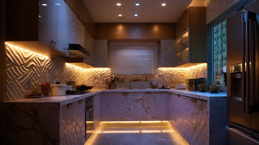 sculpted kitchen wall highlighted with profile light ceiling designs