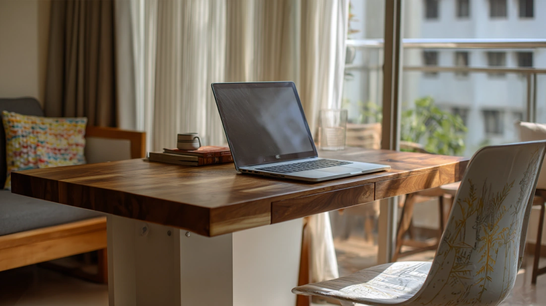 Dining table used as workspace with laptop