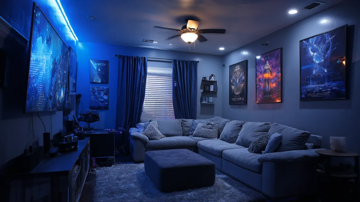 cool blue gaming room design with accent wall and ambient lighting