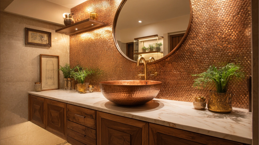 Copper bowl basin on marble counter in dining space