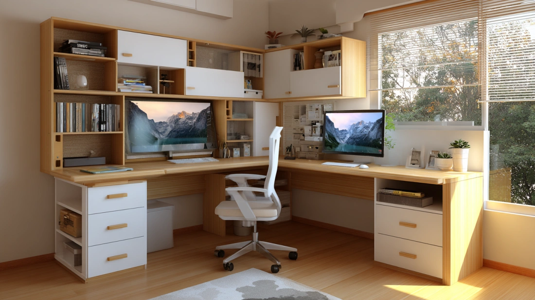 L-shaped corner computer table with dual monitors
