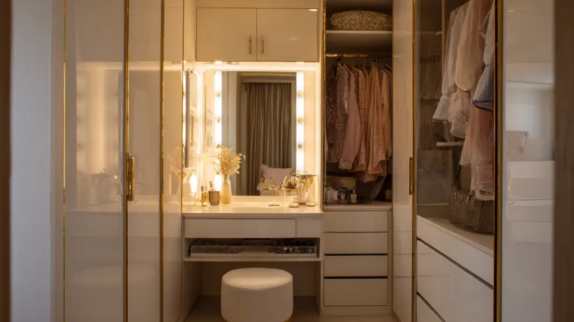Corner dressing suite with sliding wardrobe design