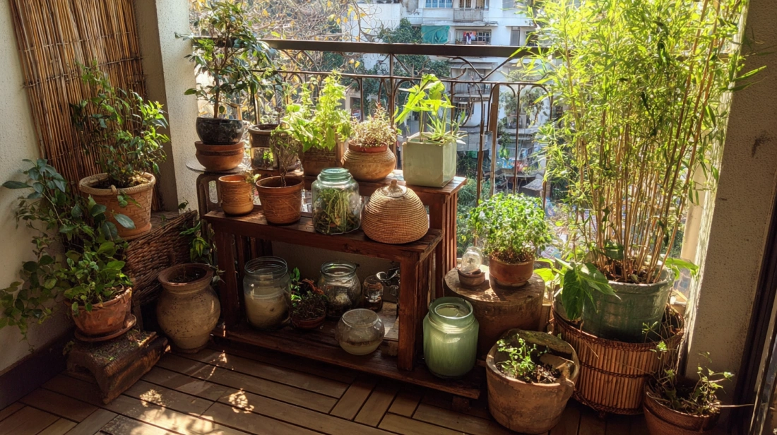 Mixed planters arranged neatly in balcony corner