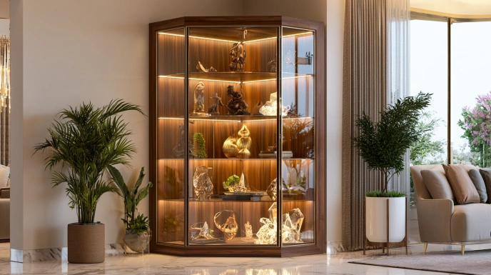 Corner glass showcase for hall