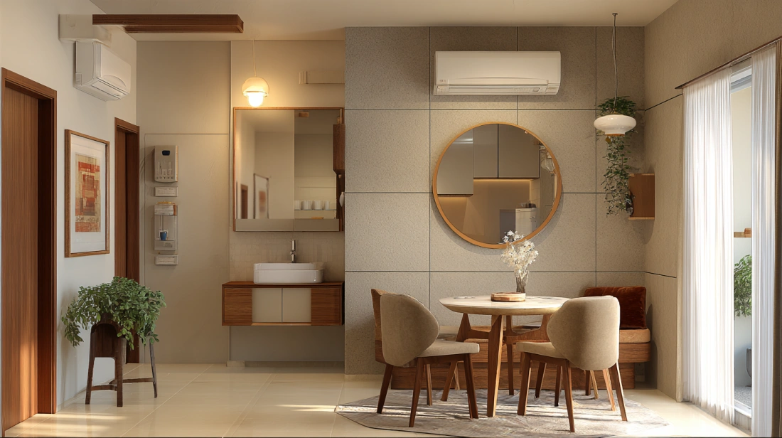 Corner wash basin with cabinet in compact Indian dining space