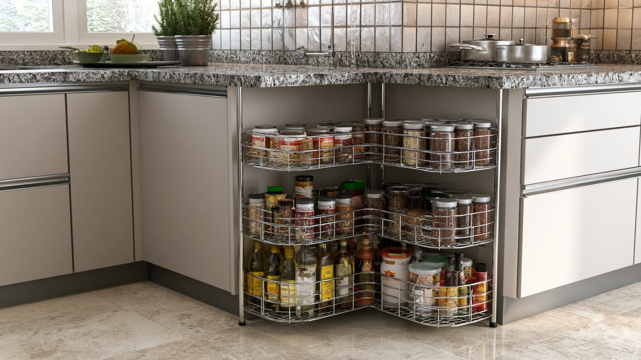 Stainless steel corner kitchen rack with spice storage