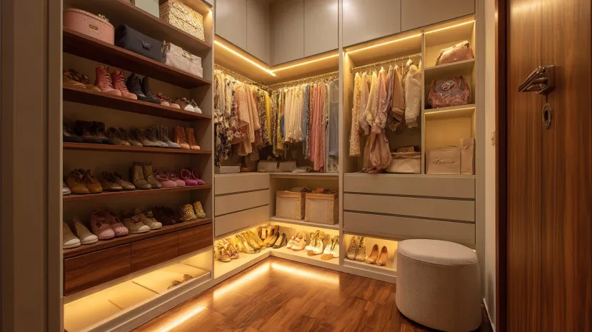 Corner L-shaped sliding wardrobe cupboard interior design