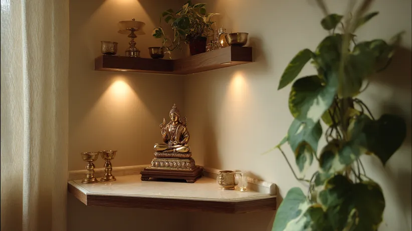 Corner Indian mandir design for home interiors
